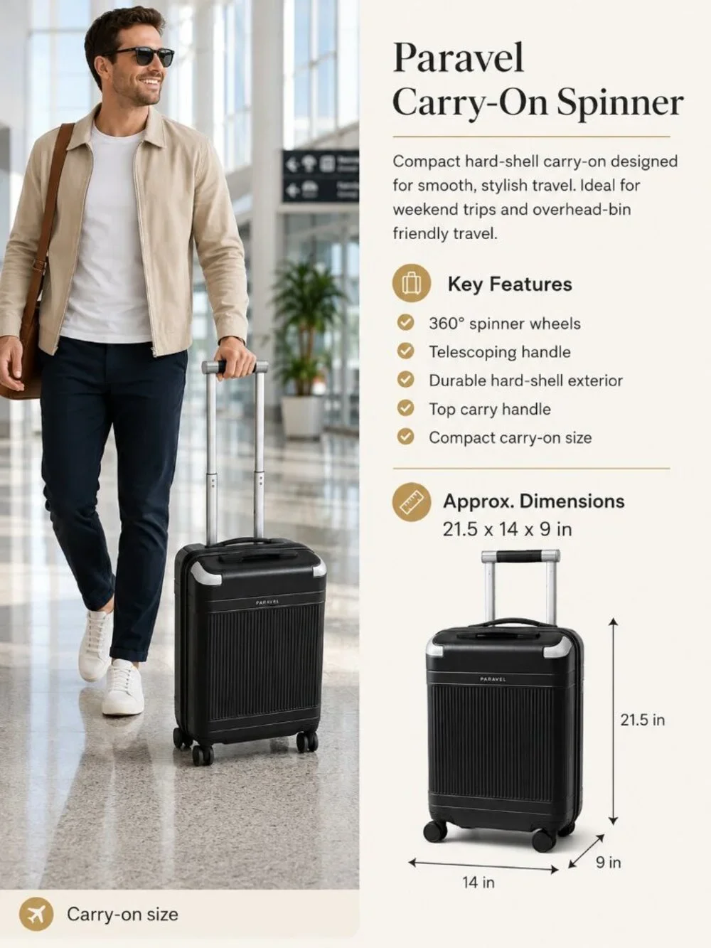 Paravel Aviator Black Hardshell Hardcase Spinner Suitcase Luggage Carry On